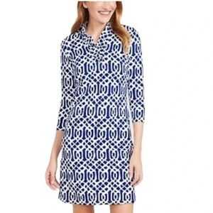 J. McLaughlin Ruffle Neck Blue & White Geometric Dress XL